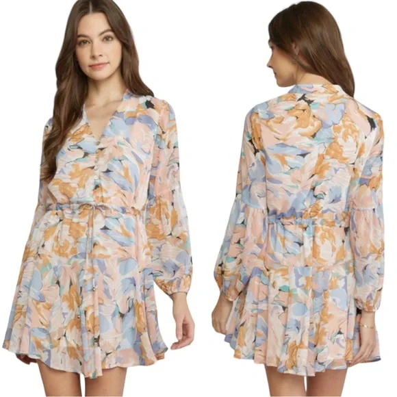 Entro Womens Large Floral Boho Preppy Pastel Long Sleeve Split Neck Tiered Dress - Picture 1 of 14